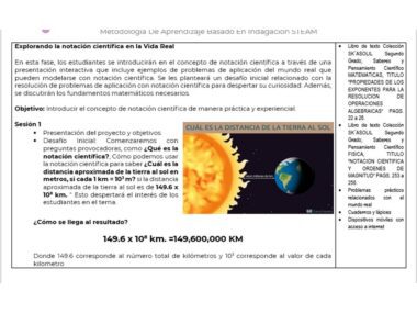 Un documento educativo sobre *notación científica* y cálculo de distancias utilizando ejemplos de la vida real. Presenta una visión de la Tierra y el Sol con un cálculo de 149,6 millones de kilómetros entre ellos. El texto proporciona objetivos, detalles de la sesión e instrucciones paso a paso para este interesante Proyecto Matemáticas Secu: Explora el Universo de la Notación Científica.