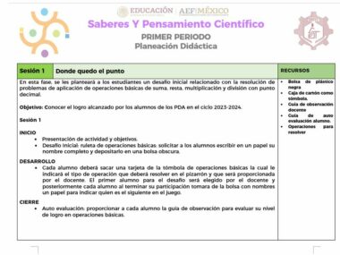 El plan educativo titulado "DIAGNOSTICO OPERACIONES BASICAS SECUNDARIA" para secundaria plantea objetivos y actividades enfocados en operaciones aritméticas y puntos decimales. Incorpora recursos como una bolsa de plástico y un círculo de cartón para reforzar la comprensión de las operaciones básicas.