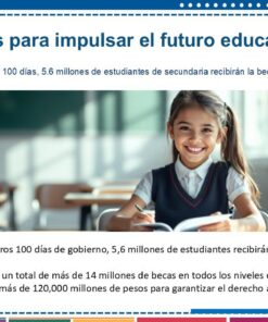 Una niña pequeña está sentada en un pupitre en un aula, sonriendo. La imagen incluye un texto en español sobre las becas educativas, llamadas 