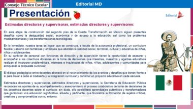 Diapositiva de presentación con texto del Consejo Técnico Escolar de Editorial MD. Se menciona a directores y supervisores en México, atendiendo los retos sociales en materia educativa. Se destacan la bandera mexicana y el logo de Editorial MD.