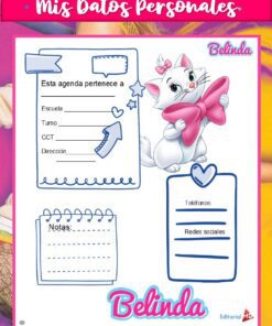 Una colorida página de información personal para una agenda escolar. Presenta un gatito blanco de dibujos animados que sostiene un lazo rosa, secciones para el nombre, la dirección, el teléfono, las redes sociales y notas, con acentos rosas y el nombre 