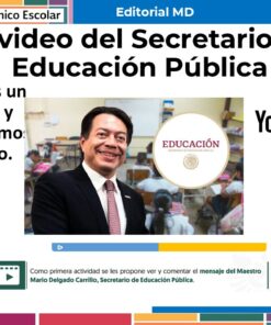 Tema 3 Contestado: Trabajo por proyectos CTE NEM 2025 - 2026 (Todos los Niveles) 17 Una diapositiva de presentación muestra a un hombre sonriente vestido de traje, el Secretario de Educación Pública, con iconos de aulas y centros educativos, el logotipo de YouTube y un texto que invita a los espectadores a ver y comentar su mensaje en vídeo a los profesores.