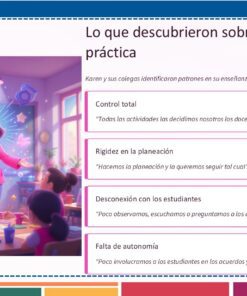 Una mujer sonriente de pie frente a una pizarra luminosa, rodeada de estudiantes sentados, en un aula colorida. Texto describe hallazgos sobre la práctica docente, con banderas de México y cajas de texto en rosa.