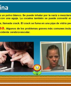 Infografía educativa sobre la cocaína. Contiene texto en español que describe la cocaína como un polvo blanco que puede inhalarse, inyectarse o fumarse como crack, destacando sus peligros. Perfecto para una Presentación en Power Point del TALLER ESTRATEGIA EN EL AULA: Prevención de Adicciones, incluye imágenes que muestran la inyección de drogas y el deterioro físico del 2010 al 2014.