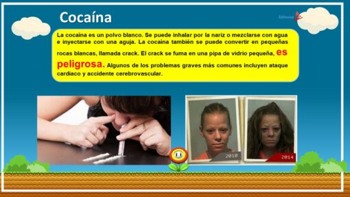 Infografía educativa sobre la cocaína. Contiene texto en español que describe la cocaína como un polvo blanco que puede inhalarse, inyectarse o fumarse como crack, destacando sus peligros. Perfecto para una Presentación en Power Point del TALLER ESTRATEGIA EN EL AULA: Prevención de Adicciones, incluye imágenes que muestran la inyección de drogas y el deterioro físico del 2010 al 2014.