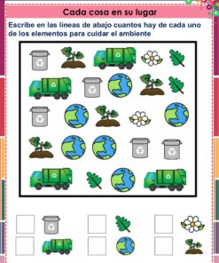 Cuadernillo de Proyectos Lenguajes – 1° Grado PRIMARIA NEM (2025 - 2026) 36 Hoja de trabajo con camiones de reciclaje, cubos de basura, árboles, hojas, flores e iconos de la Tierra. Hay casillas en blanco en la parte inferior para escribir cuántos de cada elemento aparecen en la imagen principal. Las instrucciones están en español.