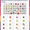 Una colorida actividad de cuadrícula en español que pide emparejar frutas y verduras con números en una cuadrícula numerada de 7x7. Debajo hay recuadros con frutas y verduras, donde deben escribirse las respuestas.