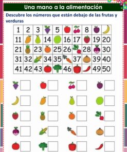 Una colorida actividad de cuadrícula en español que pide emparejar frutas y verduras con números en una cuadrícula numerada de 7x7. Debajo hay recuadros con frutas y verduras, donde deben escribirse las respuestas.