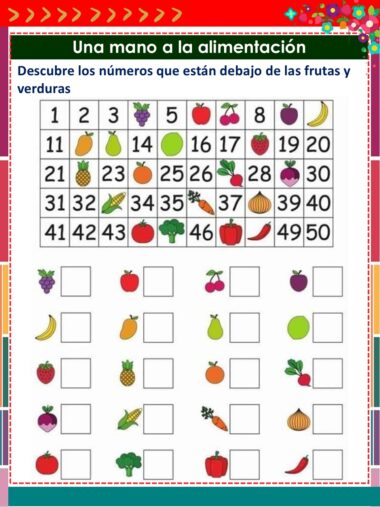 Una colorida actividad de cuadrícula en español que pide emparejar frutas y verduras con números en una cuadrícula numerada de 7x7. Debajo hay recuadros con frutas y verduras, donde deben escribirse las respuestas.