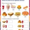 Hoja de ejercicios en español con varias imágenes de alimentos y sus precios. Los alimentos incluyen palomitas de maíz, fideos, tacos, pizza, hamburguesas y bebidas. Hay casillas para que los alumnos calculen los costes totales de distintas combinaciones de alimentos.