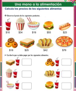 Hoja de ejercicios en español con varias imágenes de alimentos y sus precios. Los alimentos incluyen palomitas de maíz, fideos, tacos, pizza, hamburguesas y bebidas. Hay casillas para que los alumnos calculen los costes totales de distintas combinaciones de alimentos.