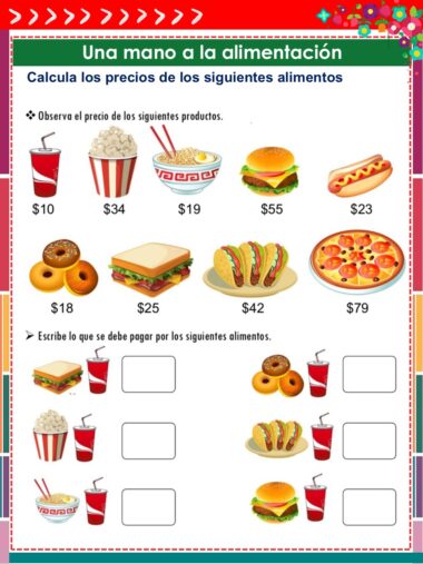 Hoja de ejercicios en español con varias imágenes de alimentos y sus precios. Los alimentos incluyen palomitas de maíz, fideos, tacos, pizza, hamburguesas y bebidas. Hay casillas para que los alumnos calculen los costes totales de distintas combinaciones de alimentos.