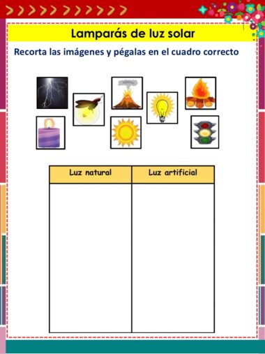 Ficha en español titulada "Lamparás de luz solar" con imágenes de un rayo, una luciérnaga, un volcán, una bombilla, velas y semáforos para clasificar en dos columnas: luz natural y luz artificial.