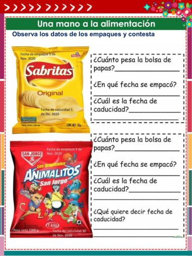 Dos paquetes de aperitivos, uno amarillo con la etiqueta "Sabritas Original" y otro rojo con la etiqueta "San Jorge Animalitos". A la derecha hay preguntas sobre el peso, la fecha de envasado y la fecha de caducidad de cada paquete.