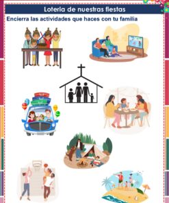 Ilustraciones de familias realizando diversas actividades: celebrando un cumpleaños, viendo la televisión, viajando en coche, en la iglesia, de picnic, de acampada, jugando al baloncesto y en la playa.