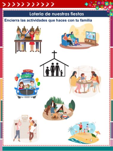 Ilustraciones de familias realizando diversas actividades: celebrando un cumpleaños, viendo la televisión, viajando en coche, en la iglesia, de picnic, de acampada, jugando al baloncesto y en la playa.
