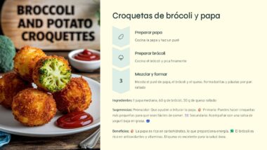 Un plato de croquetas de brócoli y patata junto a un pequeño plato de kétchup. El texto a la derecha enumera los pasos de la receta, los ingredientes, las sugerencias y los beneficios, junto con una imagen de las croquetas.