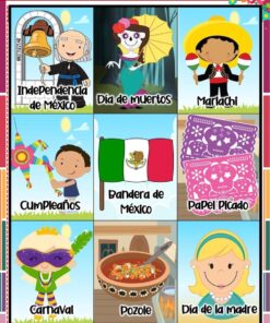 Cuadernillo de Proyectos Lenguajes – 1° Grado PRIMARIA NEM (2025 - 2026) 33 Una colorida cuadrícula con imágenes de dibujos animados que representan las tradiciones mexicanas: Día de la Independencia, Día de los Muertos, Mariachi, Cumpleaños, Bandera de México, Papel Picado, Carnaval, Pozole y Día de la Madre. Cada recuadro tiene una ilustración a juego.
