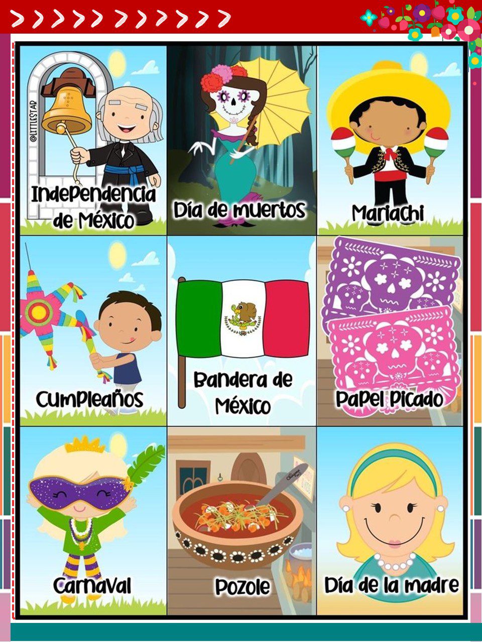 Cuadernillo de Proyectos Lenguajes – 1° Grado PRIMARIA NEM (2025 - 2026) 12 Una colorida cuadrícula con imágenes de dibujos animados que representan las tradiciones mexicanas: Día de la Independencia, Día de los Muertos, Mariachi, Cumpleaños, Bandera de México, Papel Picado, Carnaval, Pozole y Día de la Madre. Cada recuadro tiene una ilustración a juego.