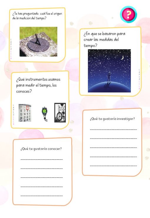 Una hoja de trabajo educativa que presenta varias preguntas sobre LOS MOVIMIENTOS DE LA TIERRA Y SUS "CONSECUENCIAS" relacionadas con la rotación y revolución de la Tierra. La página incluye imágenes de un reloj de sol, la pantalla de un reloj digital, un hombre de pie bajo un cielo estrellado y líneas en blanco para respuestas.