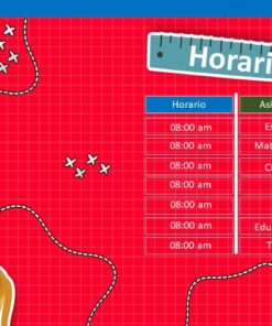 Un horario escolar rojo con un borde azul, decorado con lápices grandes, una mochila y letras ABC de colores. Esta plantilla de Power Point Paquete de Horarios Escolares / Editables enumera temas que incluyen Español, Matemáticas, Ciencias, FCyE, Artes, Educ. Física y Tutoría, todos a partir de las 8:00 am. ¡Excelente para presentaciones en Power Point!
