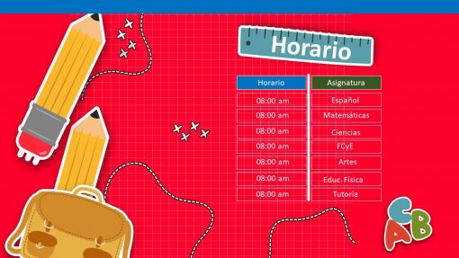 Un horario escolar rojo con un borde azul, decorado con lápices grandes, una mochila y letras ABC de colores. Esta plantilla de Power Point Paquete de Horarios Escolares / Editables enumera temas que incluyen Español, Matemáticas, Ciencias, FCyE, Artes, Educ. Física y Tutoría, todos a partir de las 8:00 am. ¡Excelente para presentaciones en Power Point!