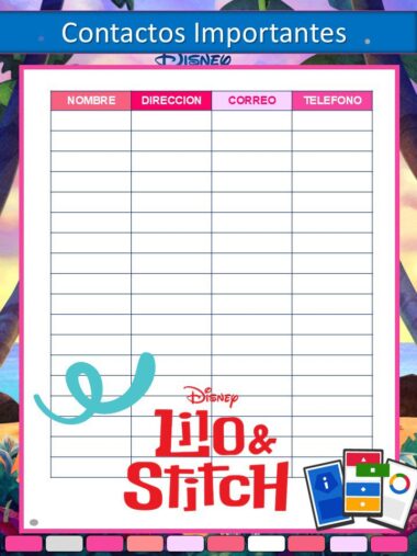 Colorida plantilla de lista de contactos con el tema "Lilo & Stitch", con columnas para nombre, dirección, correo electrónico y número de teléfono. El fondo muestra un paisaje tropical y el logotipo de Disney "Lilo & Stitch" aparece en la parte inferior.