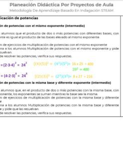 Un documento educativo titulado *Proyecto Matemáticas Secundaria: ¡Explora el fascinante mundo de las potencias con exponente entero!* con un enfoque en la enseñanza de la multiplicación de potencias en Matemáticas Secundaria. El documento incluye explicaciones, fórmulas matemáticas y ecuaciones coloridas que demuestran cómo multiplicar potencias con varios exponentes enteros.