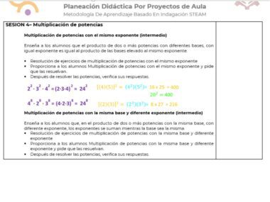 Un documento educativo titulado *Proyecto Matemáticas Secundaria: ¡Explora el fascinante mundo de las potencias con exponente entero!* con un enfoque en la enseñanza de la multiplicación de potencias en Matemáticas Secundaria. El documento incluye explicaciones, fórmulas matemáticas y ecuaciones coloridas que demuestran cómo multiplicar potencias con varios exponentes enteros.