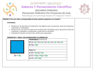Una diapositiva educativa en español titulada "Proyecto: La Magia del Álgebra en la Geometría (Matemáticas Secundaria)". Describe actividades para planificar proyectos en el aula utilizando expresiones algebraicas para representar las áreas de figuras geométricas. Se proporcionan ejemplos y fórmulas para perímetro y área, integrando conceptos de álgebra y geometría.