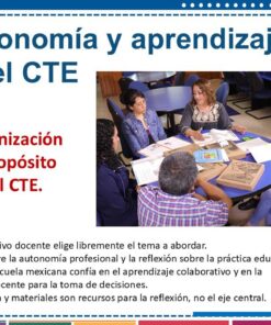 Un grupo de adultos se sienta alrededor de una mesa circular y conversa con materiales educativos esparcidos por el lugar. El texto en español enfatiza la autonomía y el propósito de la educación. Otros puntos resaltan la toma de decisiones y el aprendizaje colaborativo.