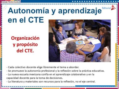 Un grupo de adultos se sienta alrededor de una mesa circular y conversa con materiales educativos esparcidos por el lugar. El texto en español enfatiza la autonomía y el propósito de la educación. Otros puntos resaltan la toma de decisiones y el aprendizaje colaborativo.