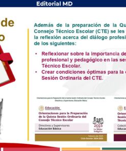 Una agenda con el icono de un cuaderno rojo, junto con un texto que describe los objetivos de una sesión del consejo escolar. El fondo incluye el logotipo del Ministerio de Educación y un borde decorativo con un degradado de color púrpura y rojo.