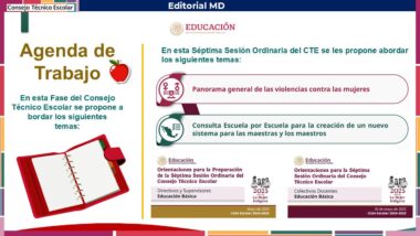 Infografía colorida titulada "Agenda de Trabajo" que muestra los temas de una reunión del consejo escolar, incluyendo la violencia contra la mujer y un nuevo espacio para el profesorado. Incluye la ilustración de un cuaderno e iconos de documentos gubernamentales.