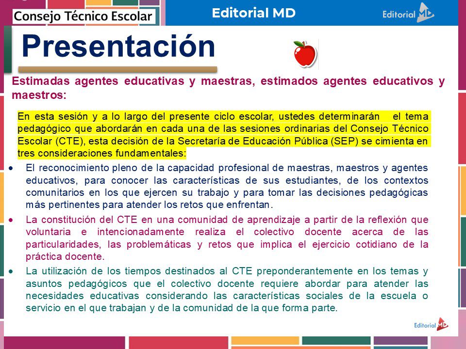 Tema 3 Contestado: Trabajo por proyectos CTE NEM 2025 - 2026 (Todos los Niveles) 6 Diapositiva en español con el título "Presentación" y texto resaltado en el que se discute la determinación de temas para el ciclo escolar por parte del CTE, enfocándose en las decisiones de la Secretaría de Educación Pública (SEP).