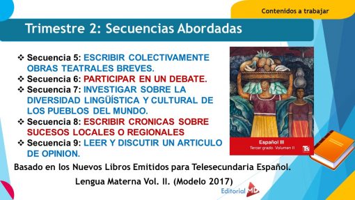 Presentación de los Temas en Power Point: Español 3° Grado 2do Trimestre (Telesecundaria) titulado "Contenidos a trabajar" por delinear varios temas para el segundo trimestre, incluida la escritura colaborativa y la investigación cultural, con una representación artística de los pueblos indígenas a la derecha.