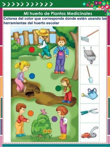 Una actividad educativa ilustrada titulada "Mi huerto de Plantas Medicinales" muestra a los niños trabajando en el jardín, con círculos de colores que se corresponden con herramientas de jardinería como un rastrillo, una pala, una regadera, guantes y una carretilla.