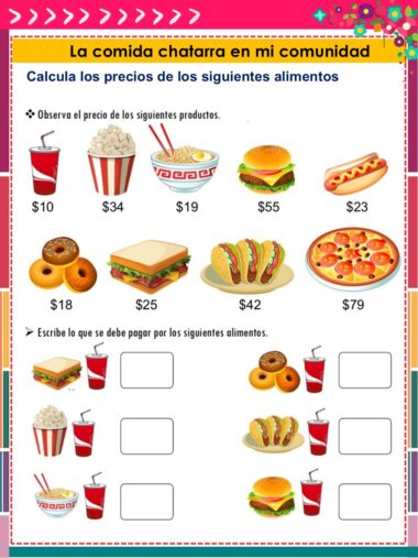 Una colorida hoja de ejercicios en español titulada "La comida chatarra en mi comunidad" muestra varios artículos de comida rápida con precios y casillas en blanco para que los alumnos calculen y escriban los totales.