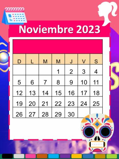 Una agenda vibrante y editable Wendy Guevara Casa de los Famosos 2023 - 2024 Editable (Preescolar, Primaria, Secundaria) para noviembre de 2023 con fondo rosa, con elementos decorativos que incluyen una calavera de azúcar en la parte inferior derecha, una silueta del perfil de la cabeza de Wendy Guevara en en la parte superior derecha y un pequeño icono de calendario en la parte superior izquierda.