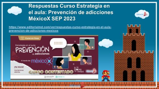 Imagen publicitaria de una "Presentación en Power Point del TALLER ESTRATEGIA EN EL AULA: Prevención de Adicciones" en colegios, alojada en EditorialMD. El fondo presenta elementos de Super Mario. El texto incluye el título del producto y una URL. En la parte inferior, hay una vista previa del contenido del curso con personajes de dibujos animados, destacando "Estrategia en el Aula".