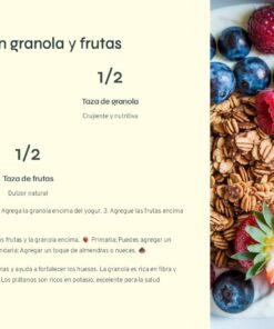 A la derecha, un tazón de yogur con granola, arándanos, frambuesas y una fresa en rodajas. A la izquierda, un texto en español enumera los ingredientes y beneficios del plato.