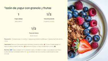 A la derecha, un tazón de yogur con granola, arándanos, frambuesas y una fresa en rodajas. A la izquierda, un texto en español enumera los ingredientes y beneficios del plato.