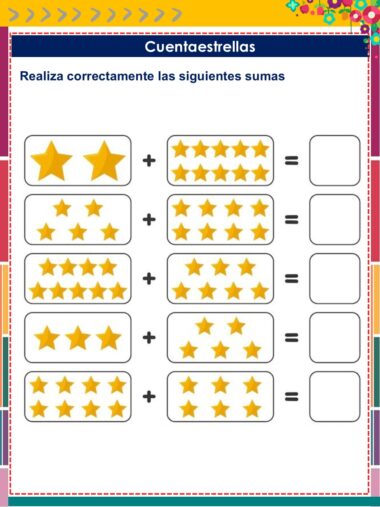 Hoja de trabajo titulada "Cuentaestrellas" con cuatro problemas de suma utilizando grupos de estrellas amarillas. Cada problema tiene dos casillas de estrellas para sumar, un signo más, un signo igual y una casilla vacía para la respuesta.