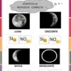 Una hoja de ejercicios educativos en español muestra cuatro fases lunares -llena, creciente, nueva y menguante- con fotos y casillas para responder 