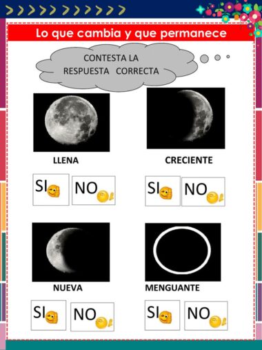 Una hoja de ejercicios educativos en español muestra cuatro fases lunares -llena, creciente, nueva y menguante- con fotos y casillas para responder "sí" o "no" debajo de cada fase.