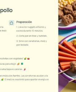 Una infografía para brochetas de pollo con texto e imágenes. Los ingredientes incluyen nuggets de pollo, zanahorias y maíz. La preparación incluye horneado y montaje. Las sugerencias destacan las opciones de presentación con fotos coloridas de la comida sobre un fondo morado.