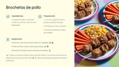 Una infografía para brochetas de pollo con texto e imágenes. Los ingredientes incluyen nuggets de pollo, zanahorias y maíz. La preparación incluye horneado y montaje. Las sugerencias destacan las opciones de presentación con fotos coloridas de la comida sobre un fondo morado.