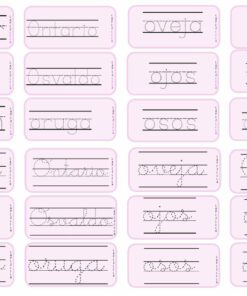 Una cuadrícula de tarjetas rosas muestra palabras en español en la práctica de escritura a mano en cursiva. Cada tarjeta, que forma parte del PLAN DE CLASE VOCAL O, muestra una palabra con una línea de puntos sólida para trazar y una línea en blanco debajo para escribir a mano alzada. Los ejemplos incluyen 