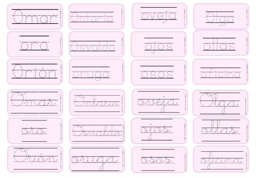 Una cuadrícula de tarjetas rosas muestra palabras en español en la práctica de escritura a mano en cursiva. Cada tarjeta, que forma parte del PLAN DE CLASE VOCAL O, muestra una palabra con una línea de puntos sólida para trazar y una línea en blanco debajo para escribir a mano alzada. Los ejemplos incluyen "Omar", "oso", "osito" y "Orlando".