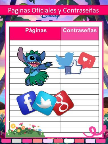 Un colorido gráfico titulado "Páginas Oficiales y Contraseñas" presenta a Stitch bailando a la izquierda e iconos de Facebook, Twitter y Google+, además de iconos de reacción a las redes sociales, sobre un fondo rayado.